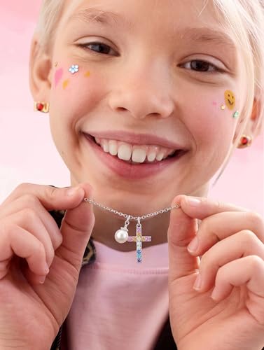 S925 Sterling Silver Cross Necklace for Girls, Baptism First Communion Confirmation Gifts, Pearl Heart Pendant Necklaces, Back to School Graduation Easter Birthday Faith Gift Age: Over 8 Years Old - style: Pearl Rainbow CZ Cross