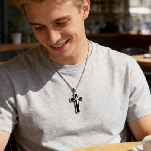 OLEVS Men's Cross Pendant Necklace Large Stainless Steel Cross Pendant Necklace for Men Women - color: black silver