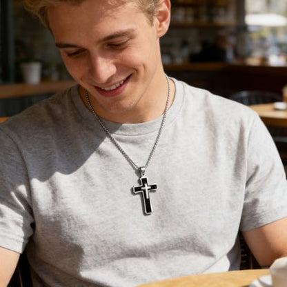 OLEVS Men's Cross Pendant Necklace Large Stainless Steel Cross Pendant Necklace for Men Women - color: black silver