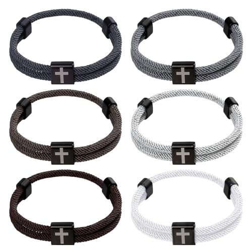 PineHaven 6 Pcs Braided Cross Bracelet for Men Women, Adjustable Christian Rope Cross Bracelet with Metal Knot Religious Gifts - color: Black,White,Grey