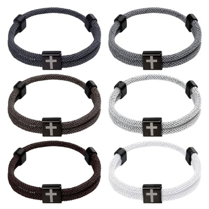 PineHaven 6 Pcs Braided Cross Bracelet for Men Women, Adjustable Christian Rope Cross Bracelet with Metal Knot Religious Gifts - color: Black,White,Grey