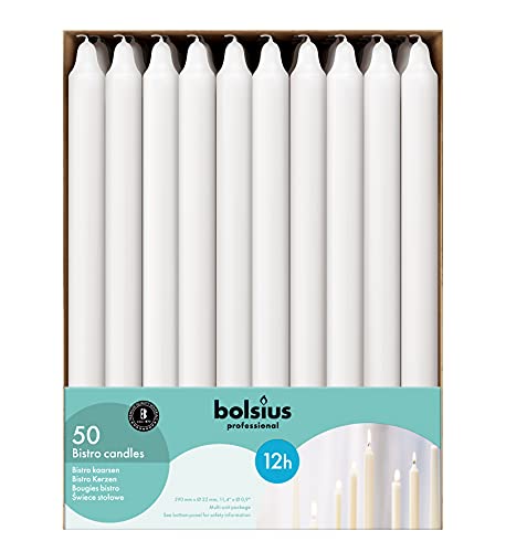 BOLSIUS White Candlesticks Bulk Pack 50 Count - Unscented Dripless 11.5 Inch Household & Dinner Candle Set - 12+ Burn Hours - Premium European Quality - Consistent Smokeless Flame - 100% Cotton Wick - style: 50 Count