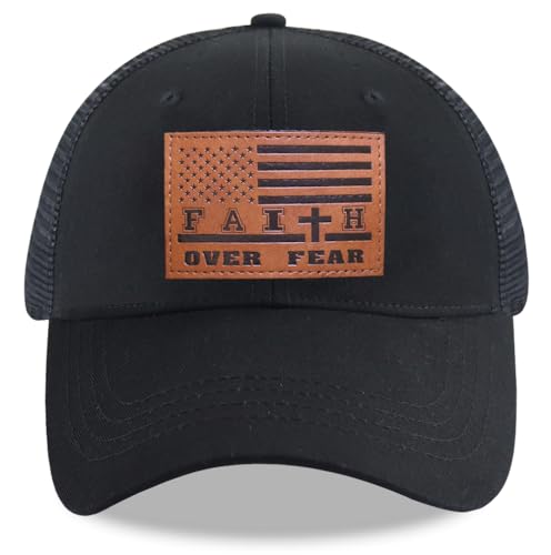 Leather American Flag Faith Over Fear Trucker Hats for Men Women, Adjustable Mesh Snapback Baseball Cap - color: Black