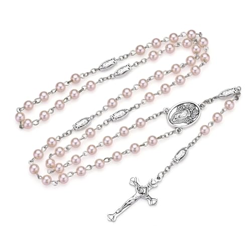 Guadalupe Rosary Beads for Women with Metal Box and 18pcs Holy - color: Pink