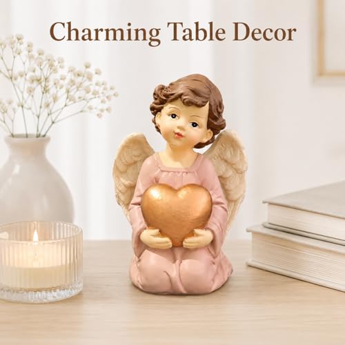 Guardian Angel Figurine Holding Gold Heart - size: 3.7"H