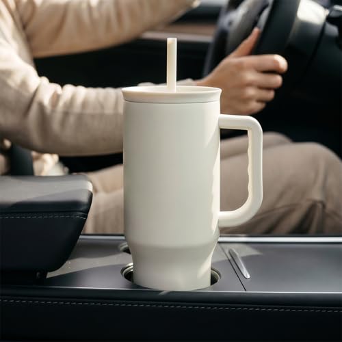 SANDJEST Ivory 40oz Tumbler with Handle and Straw, Insulated Stainless Steel Travel Coffee Mug for Women Girls, Gift Idea for Birthday Christmas Mothers Day - color: Beige