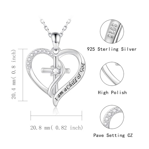 925 Sterling Silver I Am a Child of God Scripture Pendant with Birthstone Heart Cross Communion Necklace for Women Christian Faith Jewelry Gift - color: April