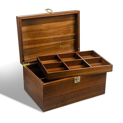 Public House Locking Wooden Keepsake Box, Customizable Design With Adjustable Tray. Large Wooden Box with Hinged Lid for Wedding and Memory Keepsakes - color: Walnut