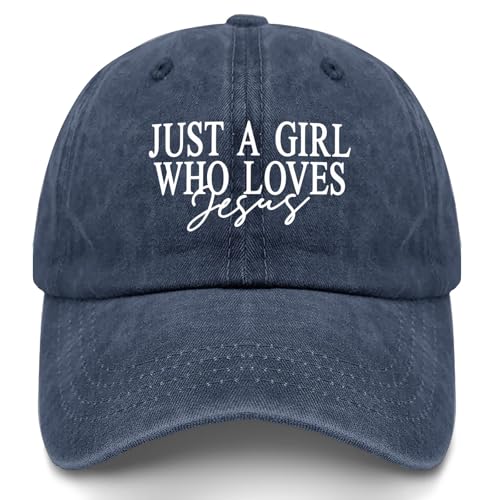 JUSTS A Girls WHO Loves Jesus Hats for Women Aesthetic Washed Distressed - color: Navy Blue