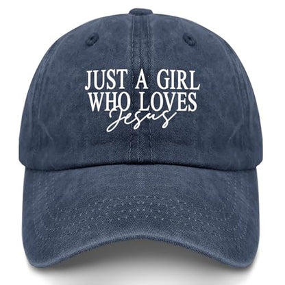 JUSTS A Girls WHO Loves Jesus Hats for Women Aesthetic Washed Distressed - color: Navy Blue