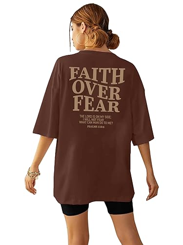 BANGELY Faith Over Fear Shirt Women Graphic Shirts Oversized Workout Gym Christian Religious Tees Drop Shoulder Tee Tops - color: Brown, size: Large