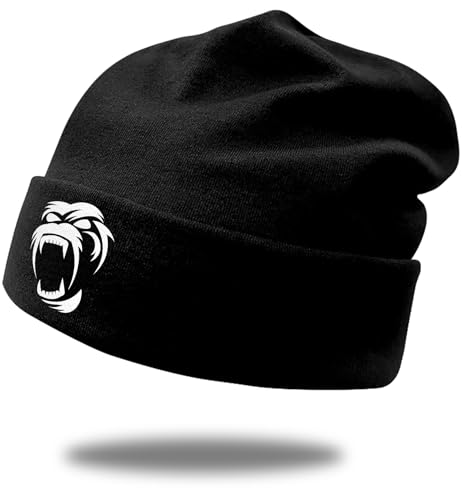 Black Flexible Classic Adult Beanie Cap for Men Women - Warm Knitted Hat for Winter, Chemo Cap Headwear - color: Gorilla Howl