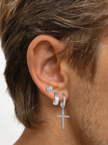 Oveta 16 Pairs 18G 16G Stainless Steel Mens Earrings, Earrings for Men with Studs Hoop Earring Cross Dangle Earrings Hypoallergenic Ear Piercing Jewelry for Men Women, Silver Gold Black - color: Silver