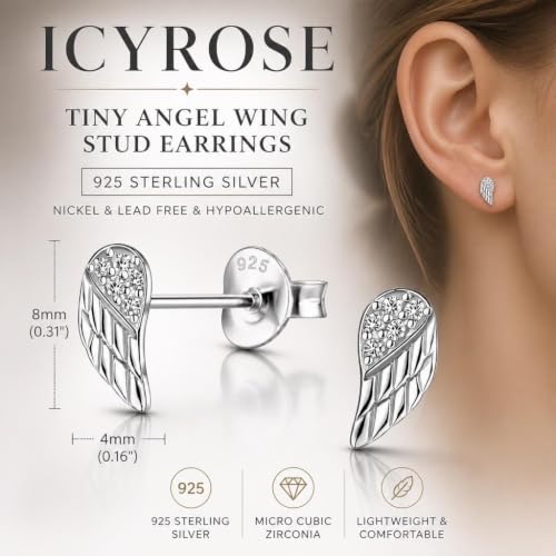 ICYROSE 925 Sterling Silver Tiny Angel Wing Stud Earrings (Nickel Free) - color: Cubic Zirconia