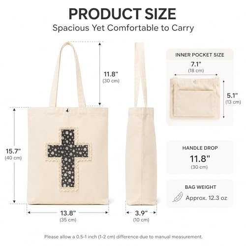Christian Tote Bag Gift for Women, Canvas Bible Bag Handmade Floral Cross - color: Cream-soft Sage Petal
