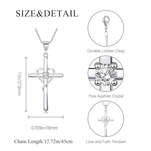 Cross Heart Necklace, 18K Gold Plated Crystal Pendant for Women - color: White
