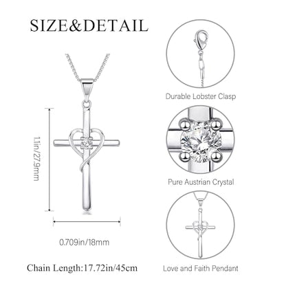 Cross Heart Necklace, 18K Gold Plated Crystal Pendant for Women - color: White