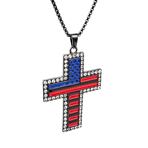 American Flag Cross Pendant Necklace, Silver-Tone, Stars and Stripes, Patriotic Religious Jewelry,for a gift box - color: Black1