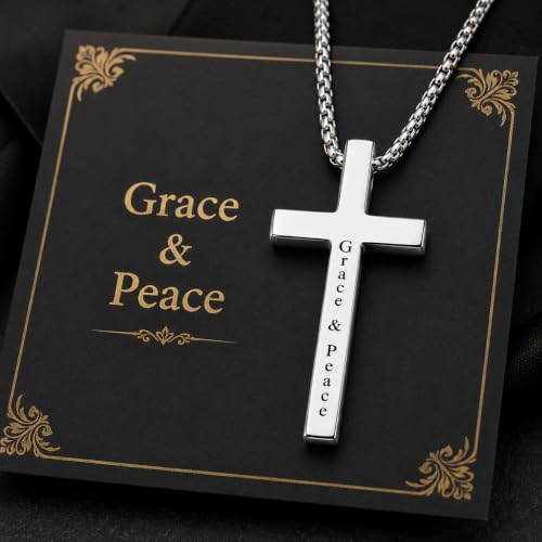 Engraved Cross Necklace for Men, Women & Boys & Girls Cross Necklace, Stainless Steel Cross Pendant Necklace, Faith & Inspiration Christian Jewelry Gift - color: Grace & Peace