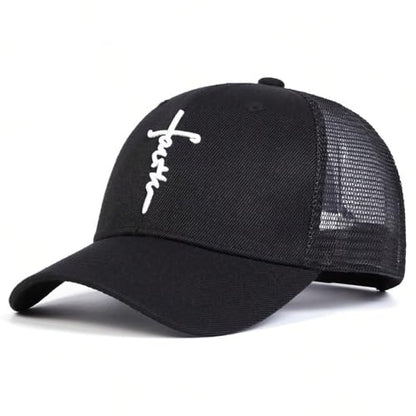 Embroidered Cross Baseball Cap, Christian Adjustable Snapback Hat for Men & Women, Structured Dad Hat with Jesus Faith Design - color: Trucker Black Hat White Cross
