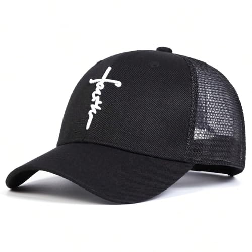 Embroidered Cross Baseball Cap, Christian Adjustable Snapback Hat for Men & Women, Structured Dad Hat with Jesus Faith Design - color: Trucker Black Hat White Cross