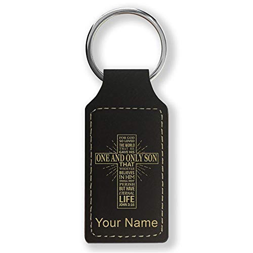 LaserGram Rectangle Keychain, Bible Verse John 3-16, Personalized Engraving Included - color: Black With Gold
