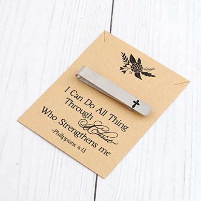 BEKECH Cross Tie Clips for Men Christian Faith Gift Philippians 4:13 First Communion Tie Tacks for Minister Clergy Officiant Groom Father of the Bride Day Tie Clip
