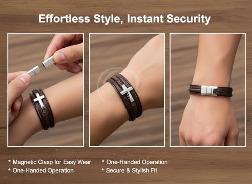 Stainless Steel Braided Leather Bracelet for Men Cuff Bangle Cross - color: Brown&White