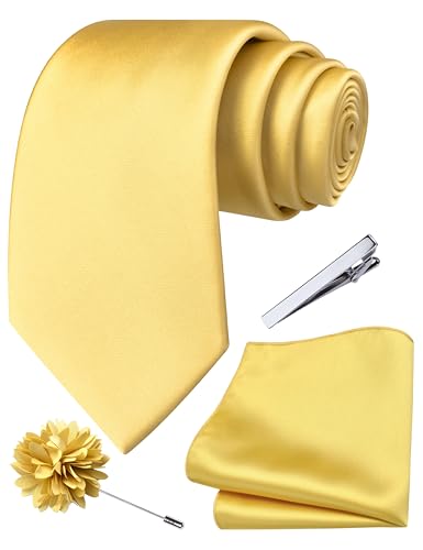 Branduce 3.15"（8cm） Mens Tie and Lapel Pin Solid Necktie Handkerchief Tie Clip Set for Men - color: Light Gold