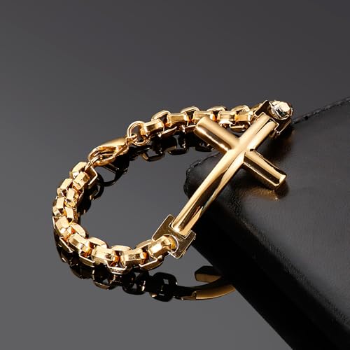 Christian Stainless Steel Cross Link Silver Black Gold Men's Bracelet, Religious Jewelry Bracelet for Men Women with Lobster Clasp - color: Gold, size: 8.86 inches