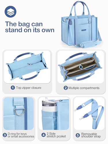 BESBESME Women’s Canvas Tote Bag with Zipper and Compartments – Multi-Pocket Laptop Work Crossbody Shoulder Tote Purse - color: Light Blue, size: Large, style: Built-in Organizer