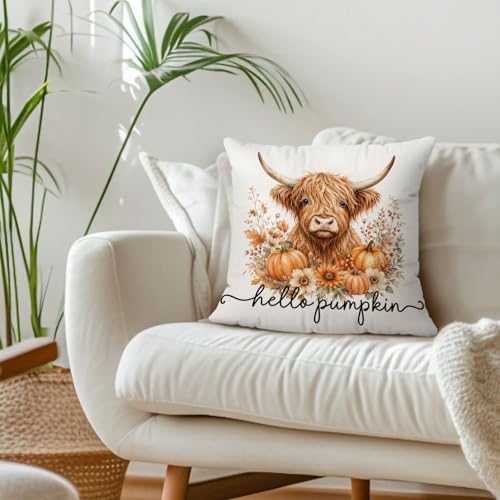 Hello Pumpkin Fall Highland Cow Floral Throw Pillow Covers 18x18 - color: Cow