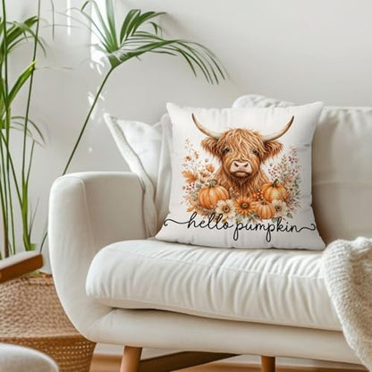Hello Pumpkin Fall Highland Cow Floral Throw Pillow Covers 18x18 - color: Cow