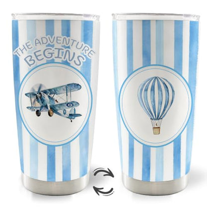 Blue Striped Airplane Kids 20oz Travel Coffee Mug Tumbler - color: begins