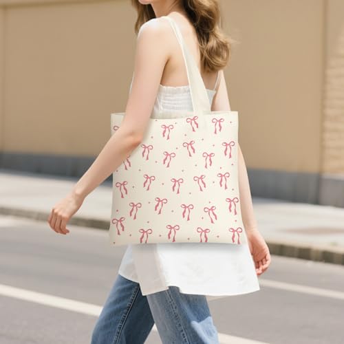 Canvas Tote Bag for Women with Zipper Cute - color: Pink Bow