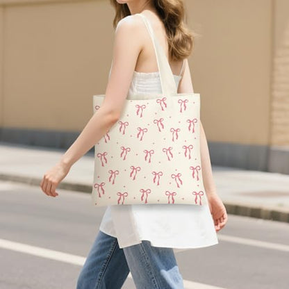 Canvas Tote Bag for Women with Zipper Cute - color: Pink Bow