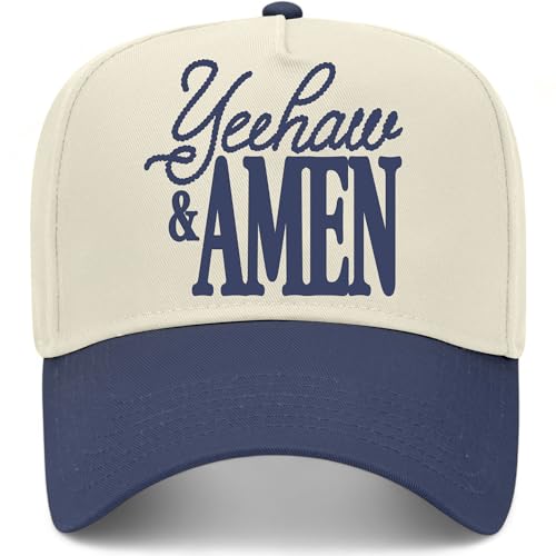 Yeehaw & Amen Hat | Premium Adjustable Christian Snapback Baseball Vintage Trucker Hats for Men & Women - color: Navy/Natural