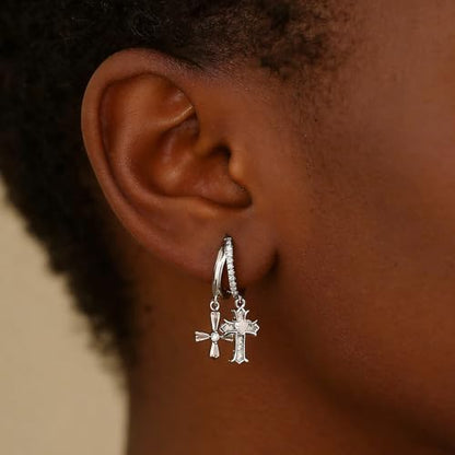 Double Huggie Hoop Earrings with Charms Cross Dangle Earrings Gold/Silver Double Cross Drop Hoop Earrings for Women Men Trendy - style: Style A-Silver