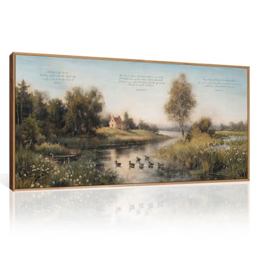 Aryroi Vintage Sage Green Landscape Framed Canvas Wall Art Set, Christian Religious Bible Verse Scripture Wall Decor, Natural Country Duck Pond Artwork for Living Room, Church, Prayer Room- 20"x40"x1 - color: Vintage Bible Verse Landscape Wall Art, size: