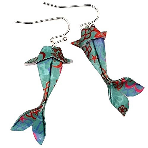 Paper Origami Koi Fish Earrings, 6 Color Patterns - color: Teal Pink Brown