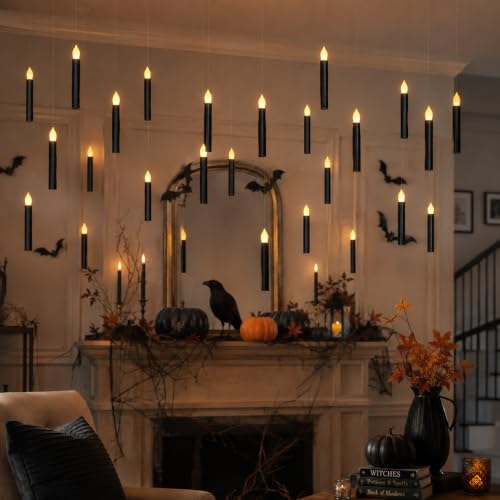 Lezonic 12Pcs Floating Candles with Wand and Remote, Magic Black Flameless Candles Battery Operated, Flikering Hanging LED Taper Candlesticks Halloween Decorations, 0.8" x 6" - color: 12pcs(Wand & Remote)
