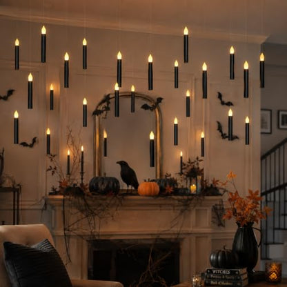 Lezonic 12Pcs Floating Candles with Wand and Remote, Magic Black Flameless Candles Battery Operated, Flikering Hanging LED Taper Candlesticks Halloween Decorations, 0.8" x 6" - color: 12pcs(Wand & Remote)