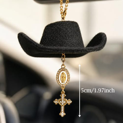 Baptism Car Charm Cowboy Hat Rear View Mirror, Virgin Mary Cross for Car - color: Virgin Mary B