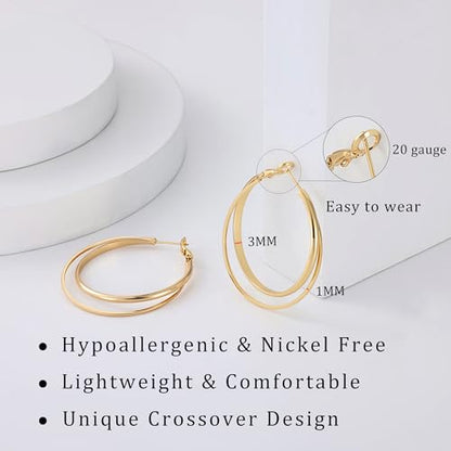 Gacimy Criss Cross Hoop Earrings for Women, 14K Gold Plated Hoops - color: Gold, size: 40mm
