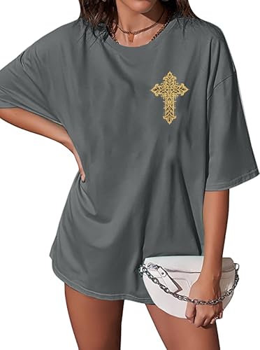 BANGELY Faith Over Fear Shirt Women Graphic Shirts Oversized Workout Gym Christian Religious Tees Drop Shoulder Tee Tops - color: A-grey, size: Small