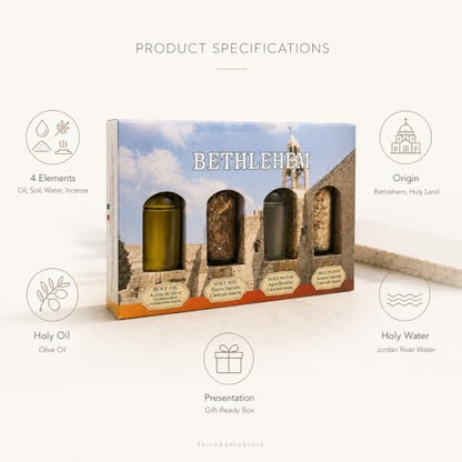 Authentic Holy Land Blessing Set – 4-Piece Biblical Elements Gift Box with Anointing Olive Oil, Sacred Jerusalem Soil, Jordan River Holy Water & Aromatic Frankincense Incense (Bethlehem)