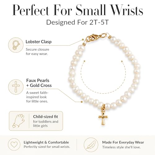 Mud Pie Pearl Cross Bracelet for Girls, Baby Baptism Bracelet With Gift Box