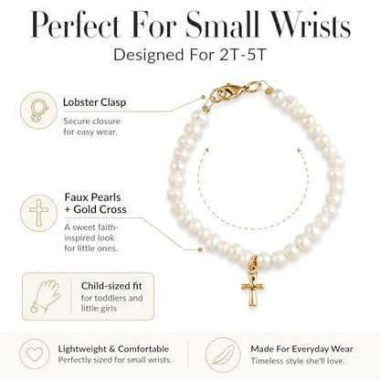Mud Pie Pearl Cross Bracelet for Girls, Baby Baptism Bracelet With Gift Box