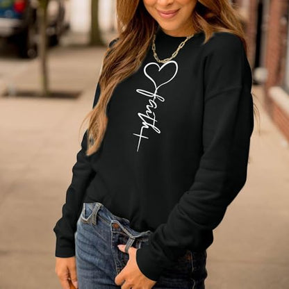 KIEKIECOO Faith Christian Sweatshirts for Women Religious Crewneck Sweatshirt Letter Print Fall Pullover Long Sleeve Tops - color: Black, size: X-Large
