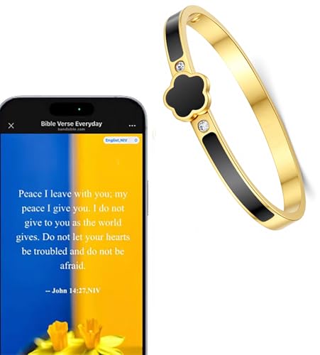 Fullrainbow Bible Verse Bracelet Religious Daily Bible Verse NFC Bracelet for Women, Gold Plated Bangle Bracelets with Black Enamel Flower Design and Crystal Accents (gold)